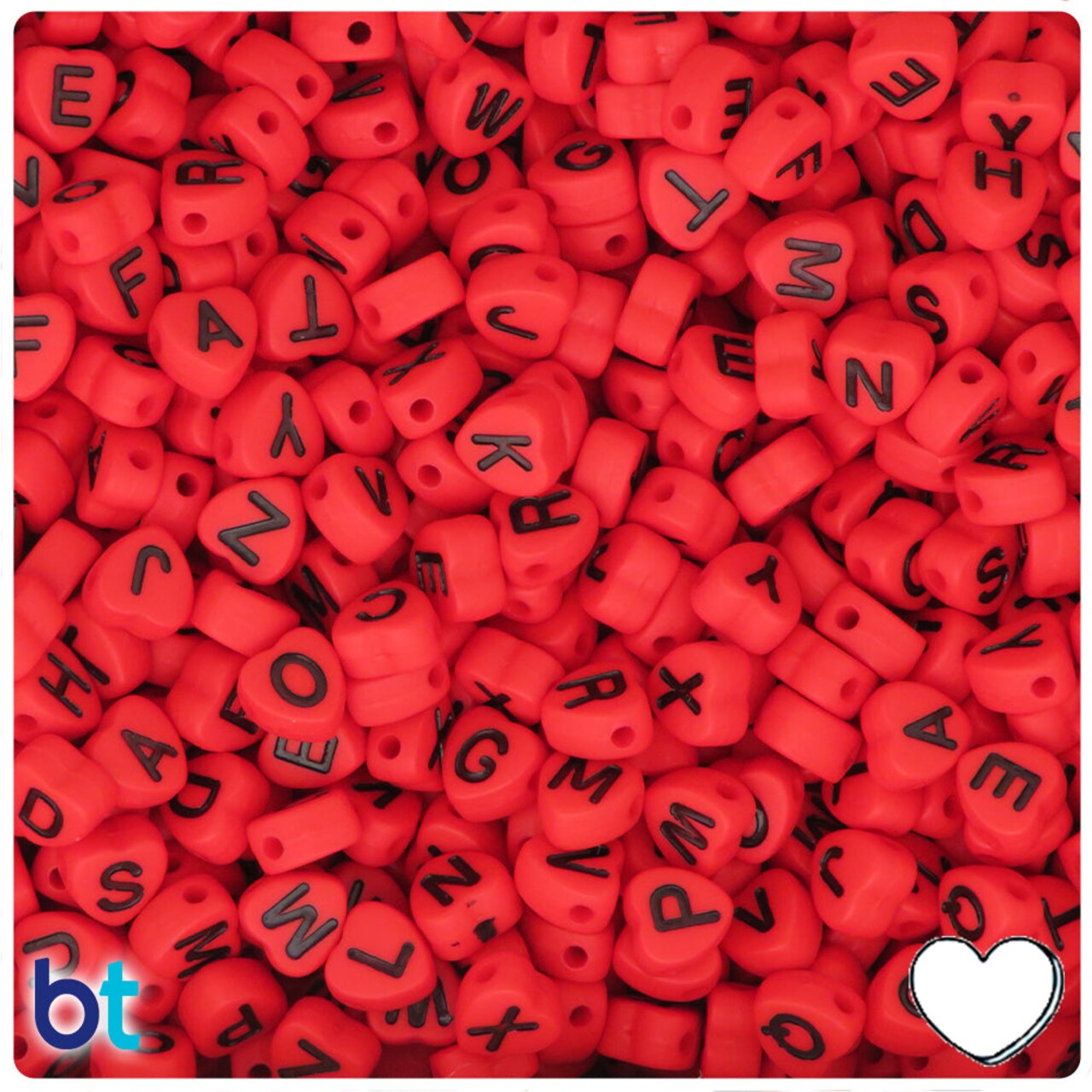 BeadTin Red Opaque 7mm Heart Plastic Alpha Beads - Black Letter Mix (250pcs)